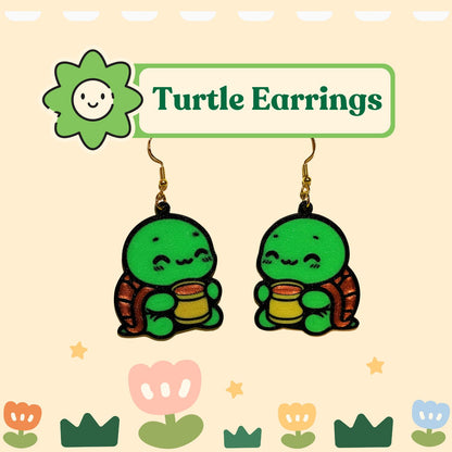 Cute Turtle Earrings holding Coffee
