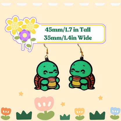 Cute Turtle Earrings holding Coffee