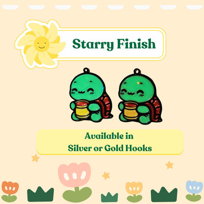 Cute Turtle Earrings holding Coffee