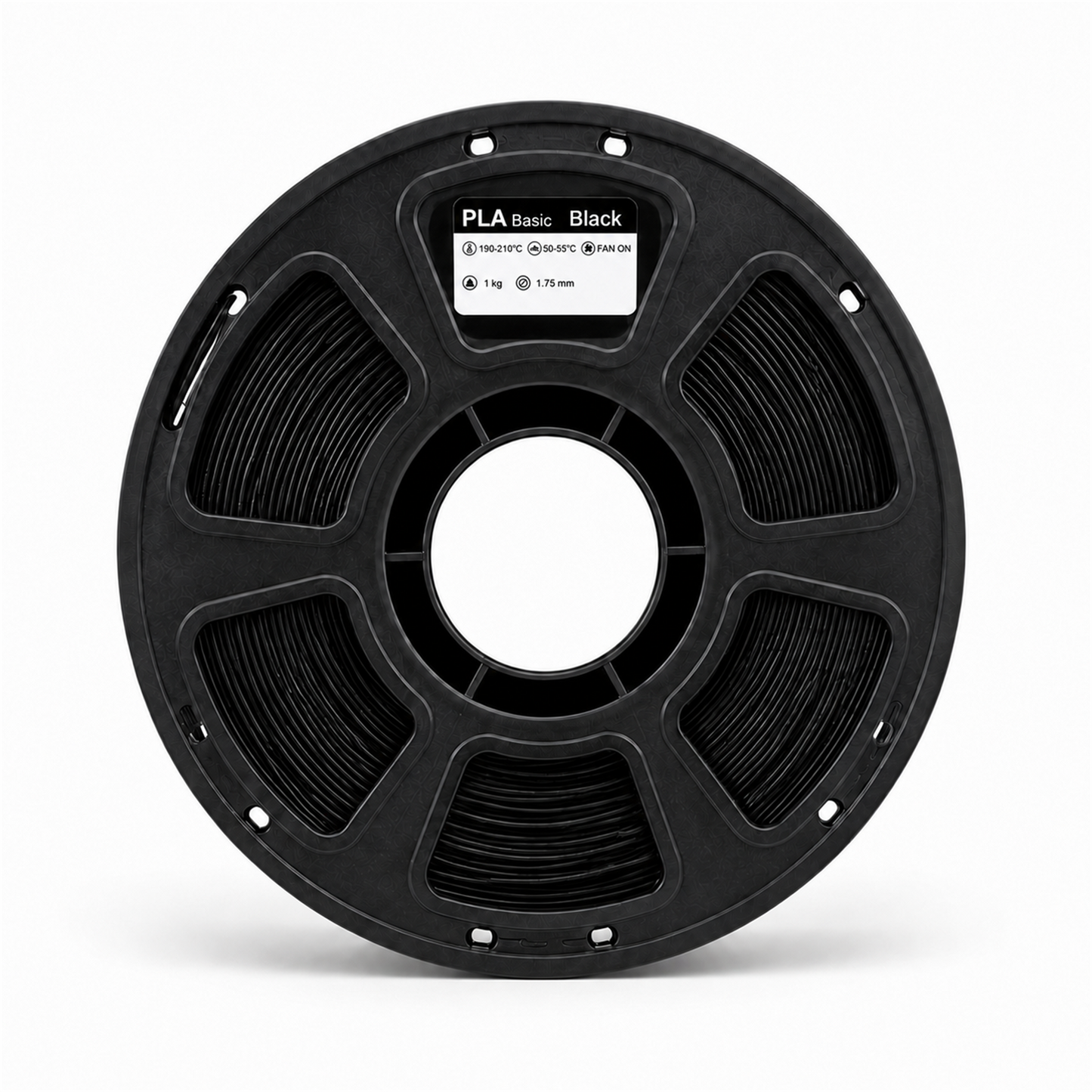 Black PLA Basic 1 kg filament spool, front view