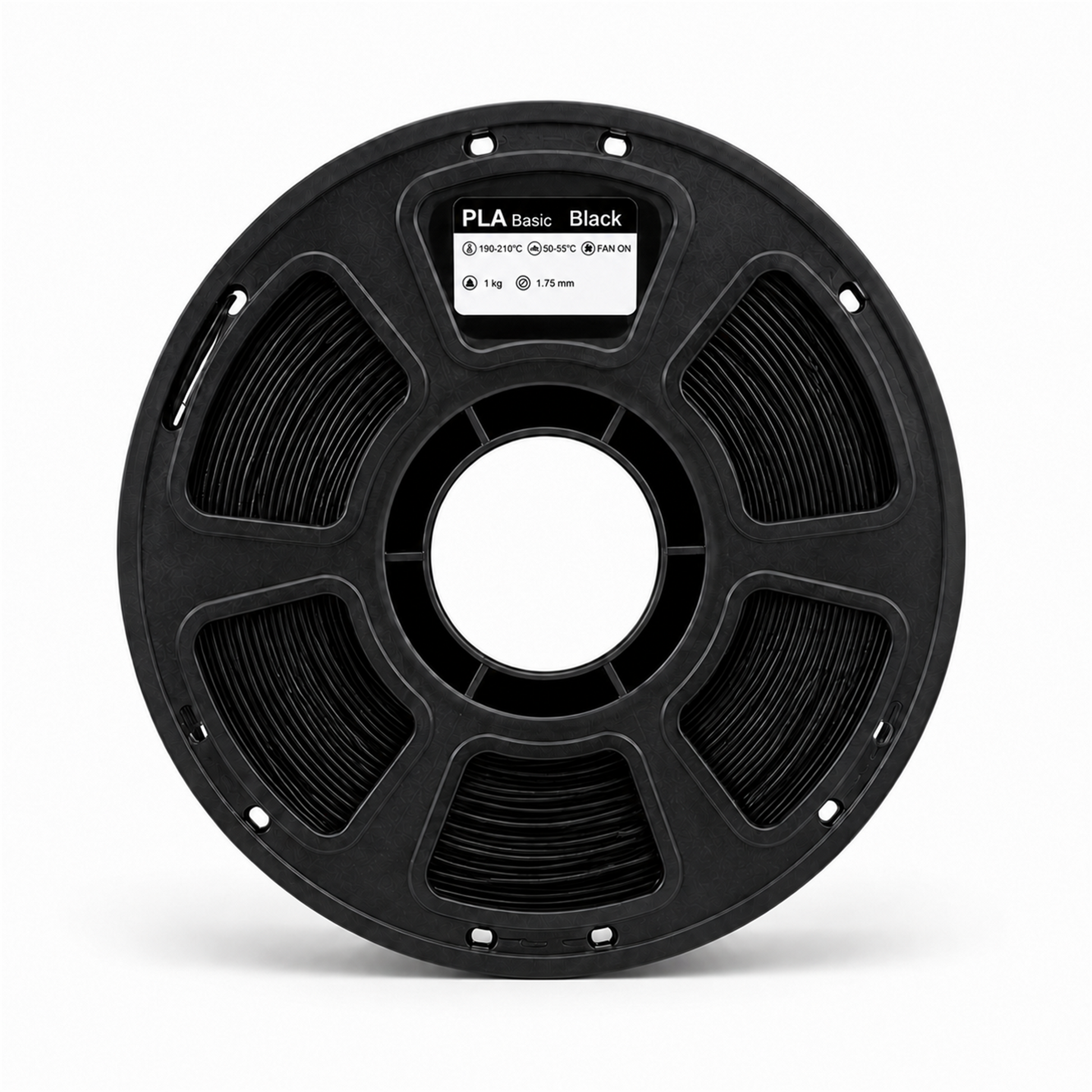 Black PLA Basic 1 kg filament spool, front view