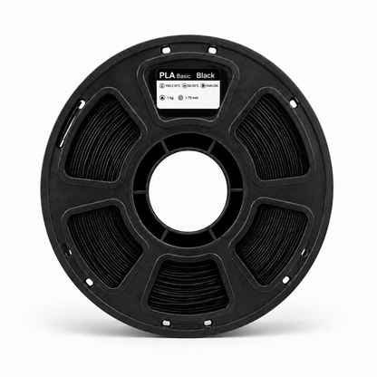 Black PLA Basic 1 kg filament spool, front view