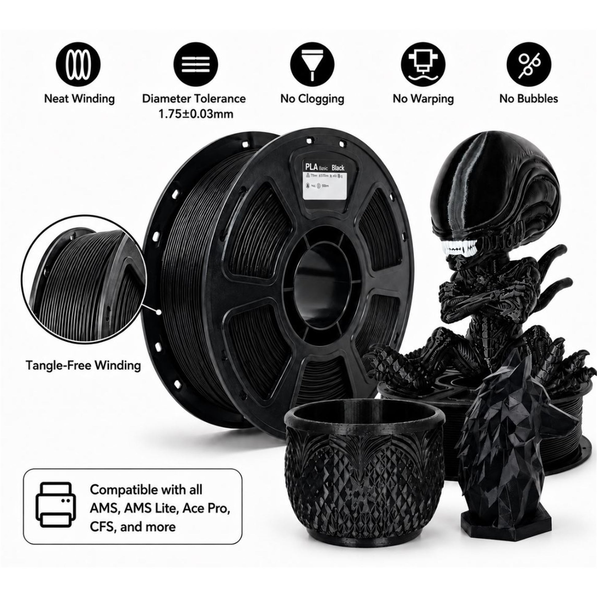 Black PLA filament features, winding, tolerance, and compatibility