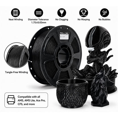 Black PLA filament features, winding, tolerance, and compatibility