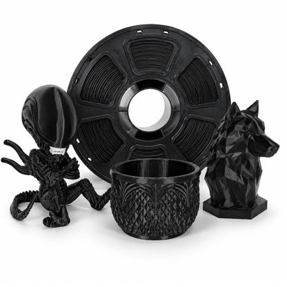 Black PLA spool with sample figurine, planter, and wolf prints