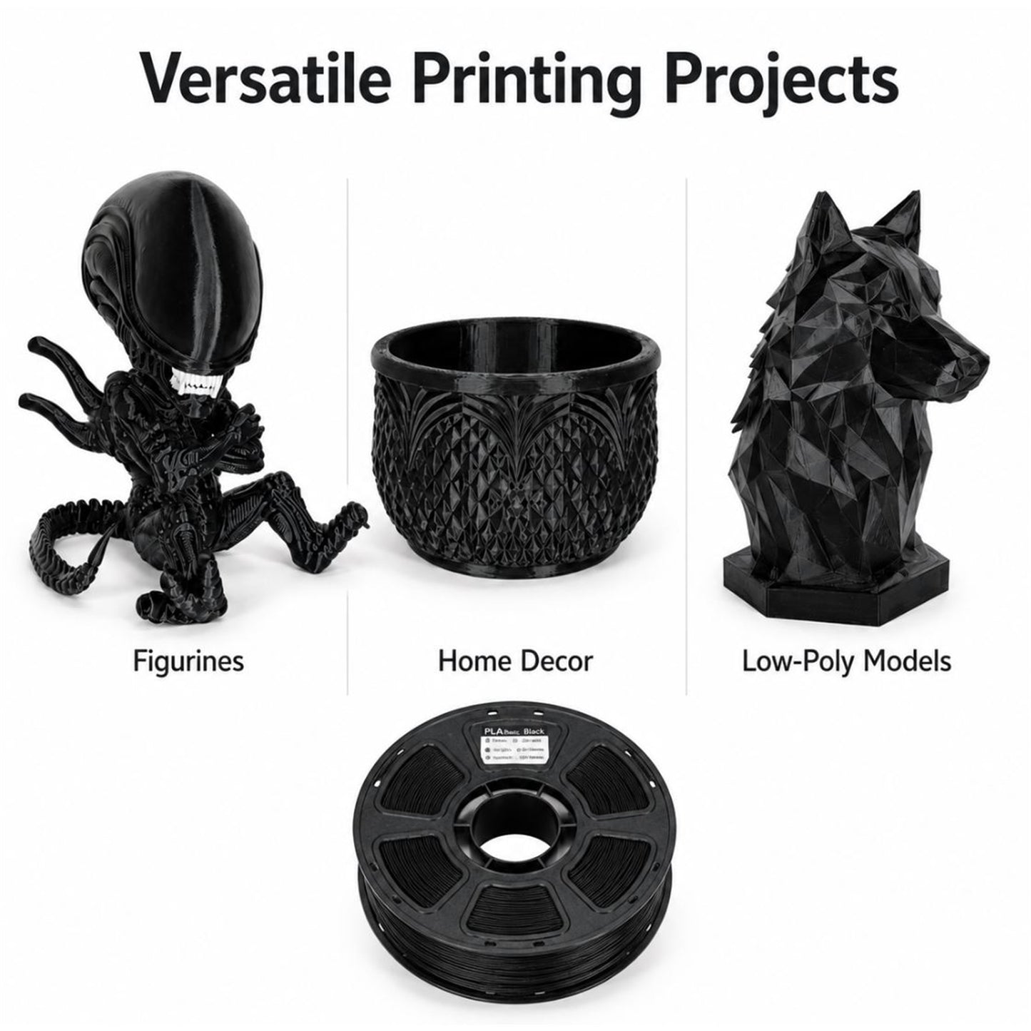 Versatile black PLA printing projects: figurine, home decor, and low-poly model