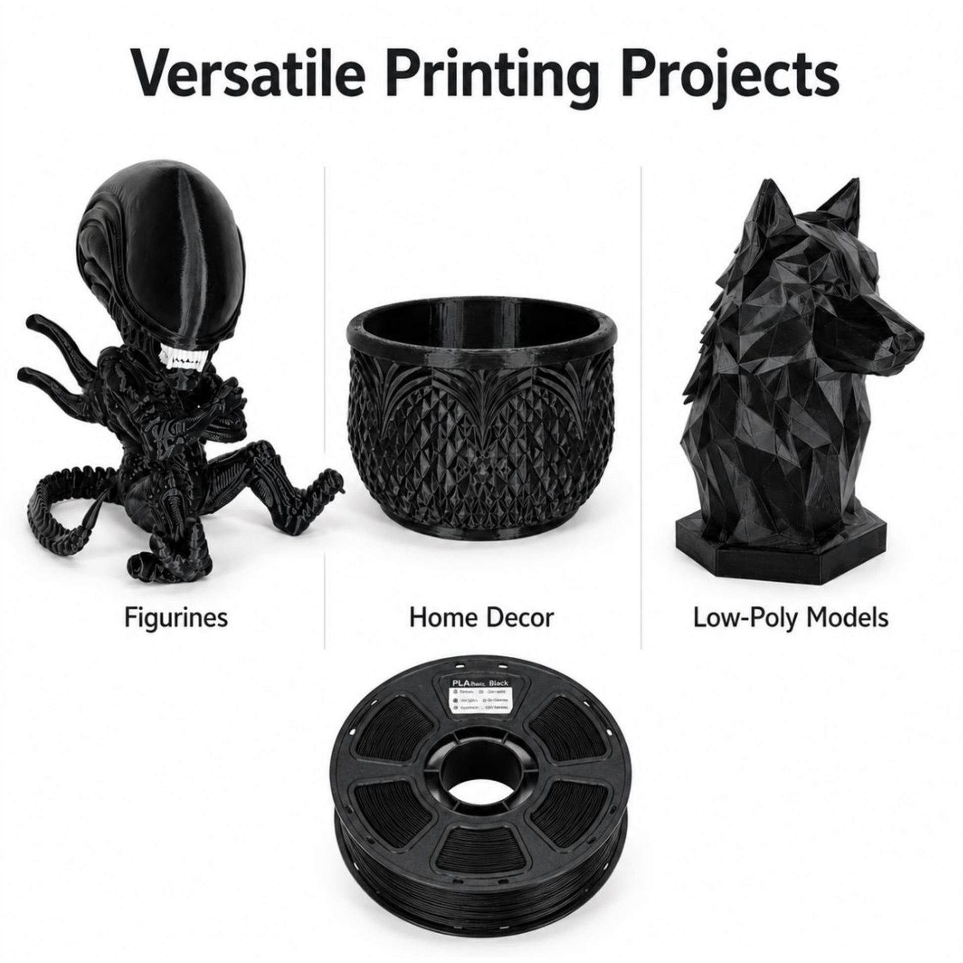 Versatile black PLA printing projects: figurine, home decor, and low-poly model