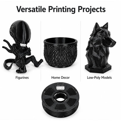 Versatile black PLA printing projects: figurine, home decor, and low-poly model