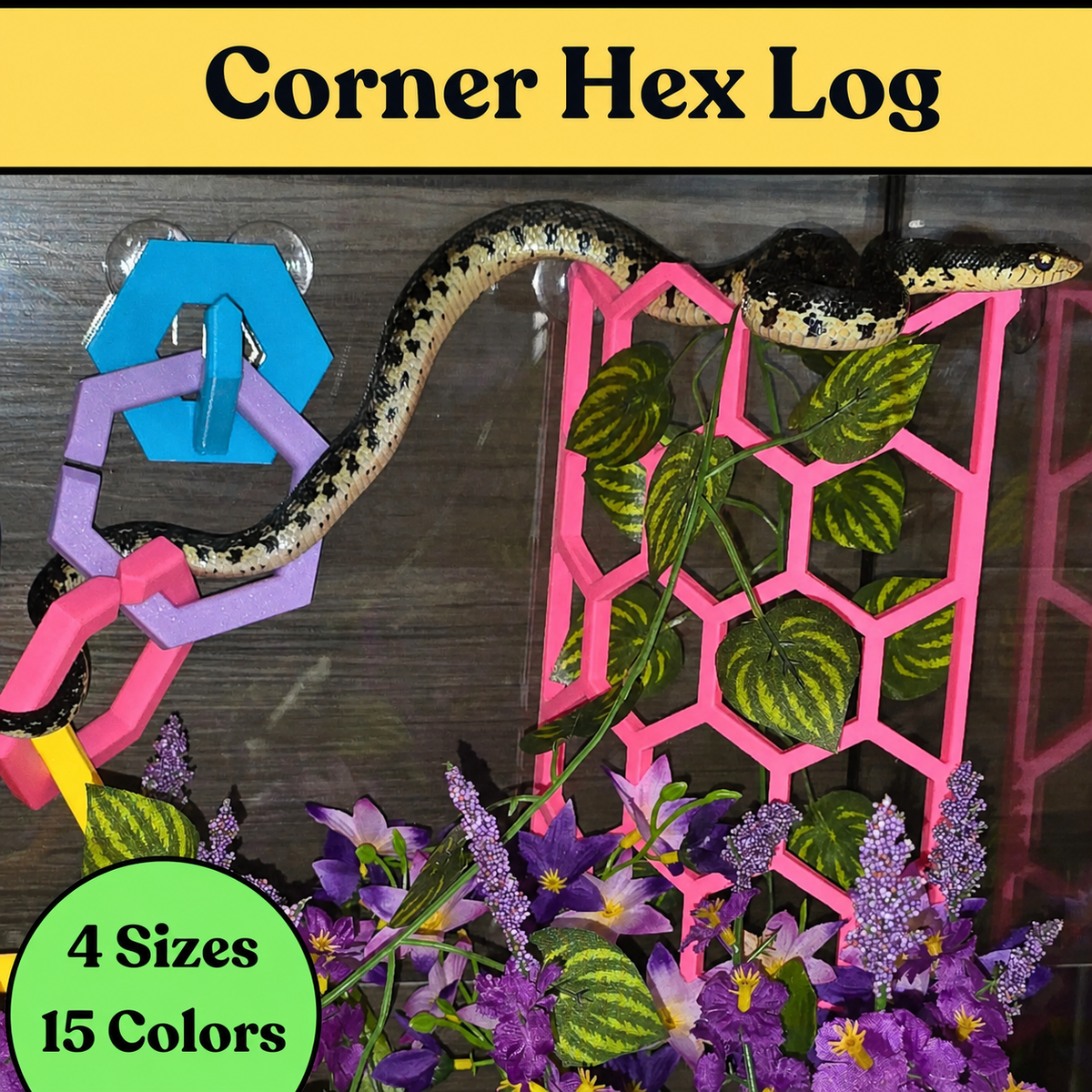 Snake climbing through colorful Corner Hex Log enrichment structures in a planted reptile enclosure.