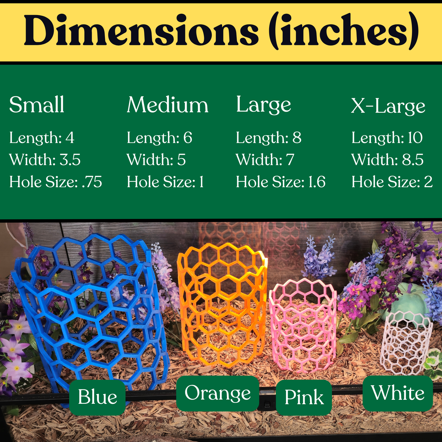 Full Hex Log dimensions for Small, Medium, Large, and X-Large