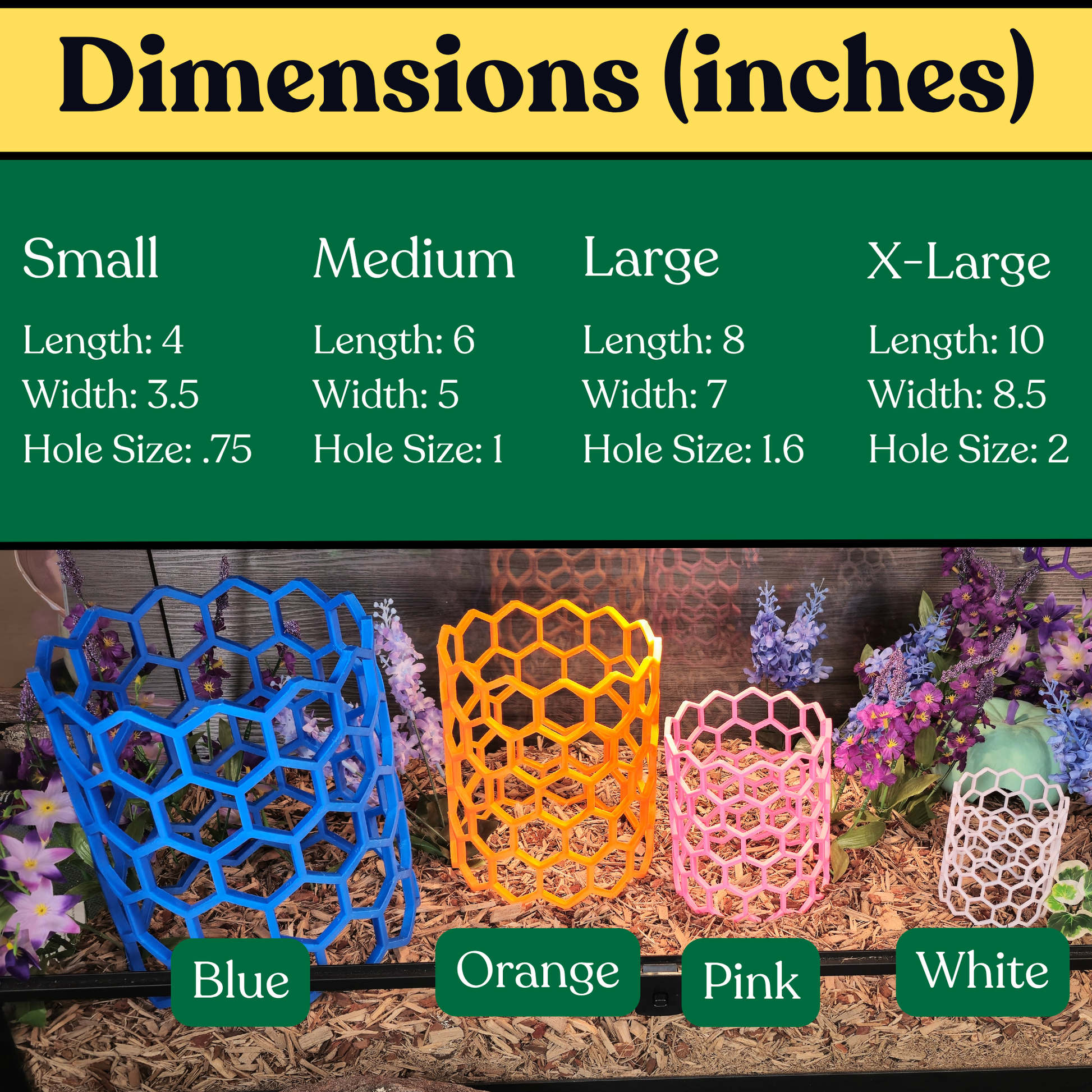 Full Hex Log dimensions for Small, Medium, Large, and X-Large