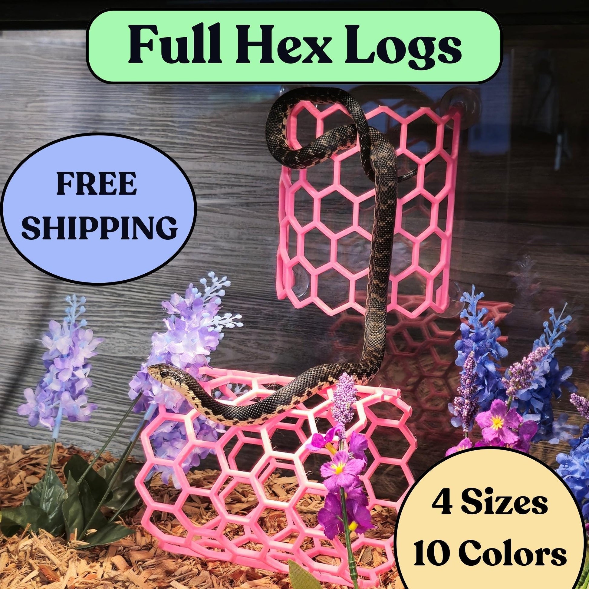Full Hex Log reptile enrichment in pink with multiple sizes shown